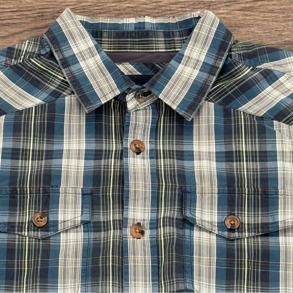 Prana Mens Short Sleeve Plaid Button Down‎ Shirt Blue White Size Medium